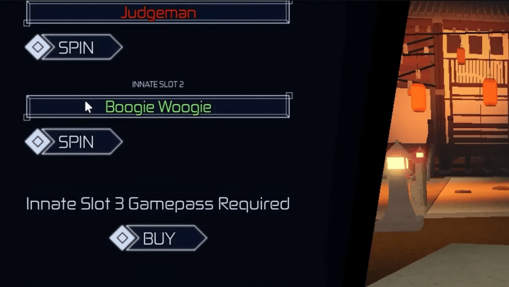 Jujutsu Infinite spins menu showing innate technique reroll options and available spins