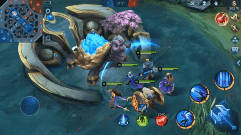 Mobile Legends Bang Bang gameplay showing heroes battling in a live match with full interface visible