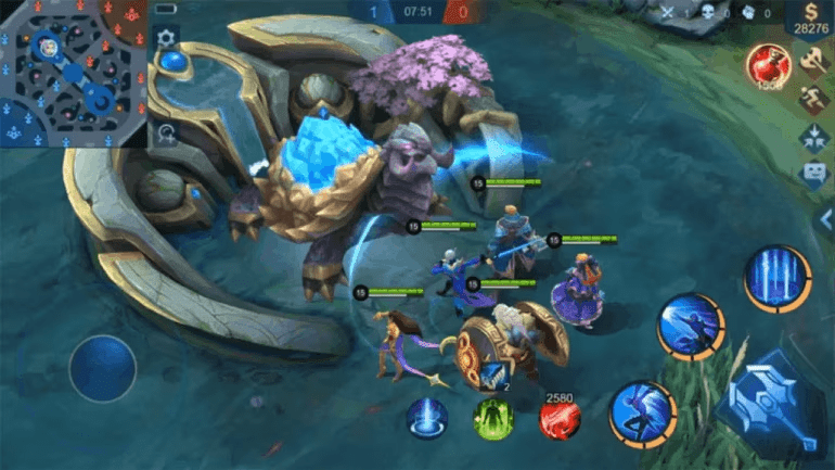 Mobile Legends Bang Bang gameplay showing heroes battling in a live match with full interface visible