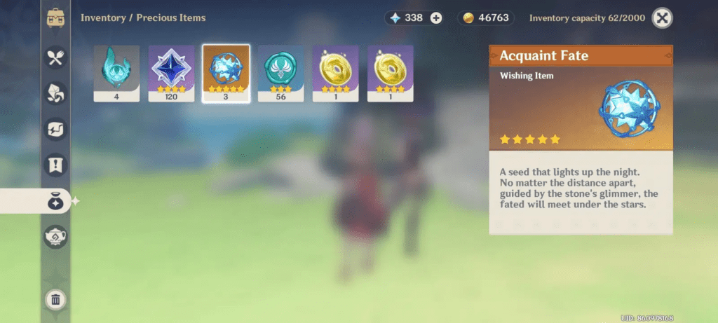 Genshin Impact inventory showing Primogems and Fate used for banner planning