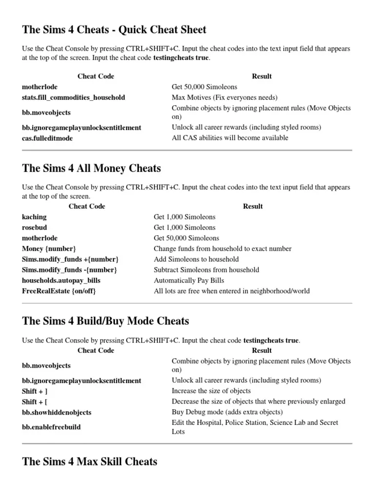 The Sims 4 cheat console with testingcheats enabled