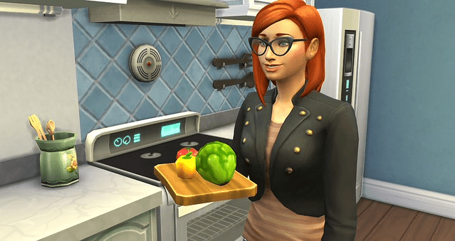 The Sims 4 Sims using cooking, painting, and fitness skills