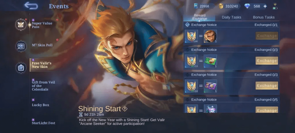Mobile Legends reward screen showing skin trial cards and event items received from redeem codes
