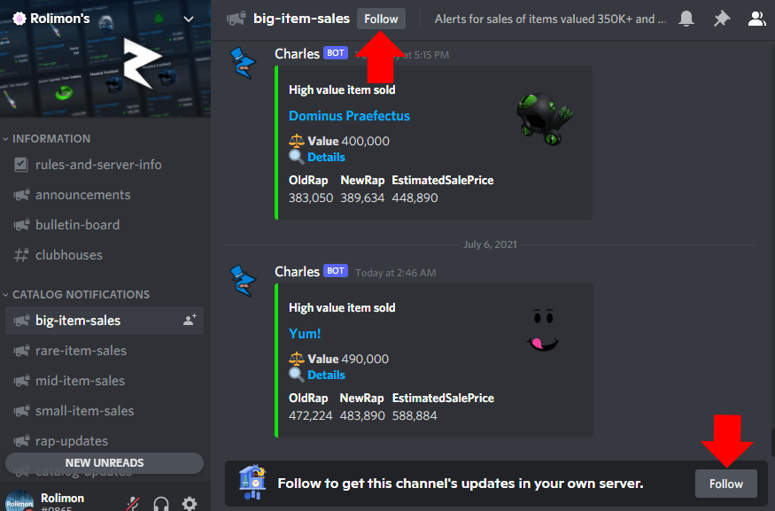 Official Roblox game Discord channel with pinned update announcements