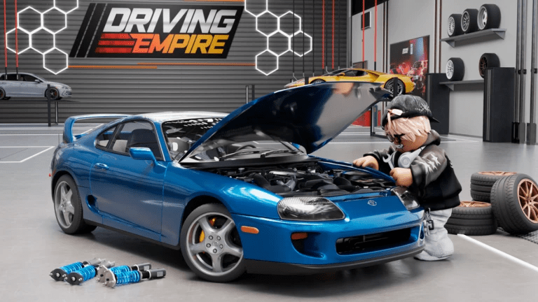 Driving Empire garage displaying multiple cars unlocked through progression