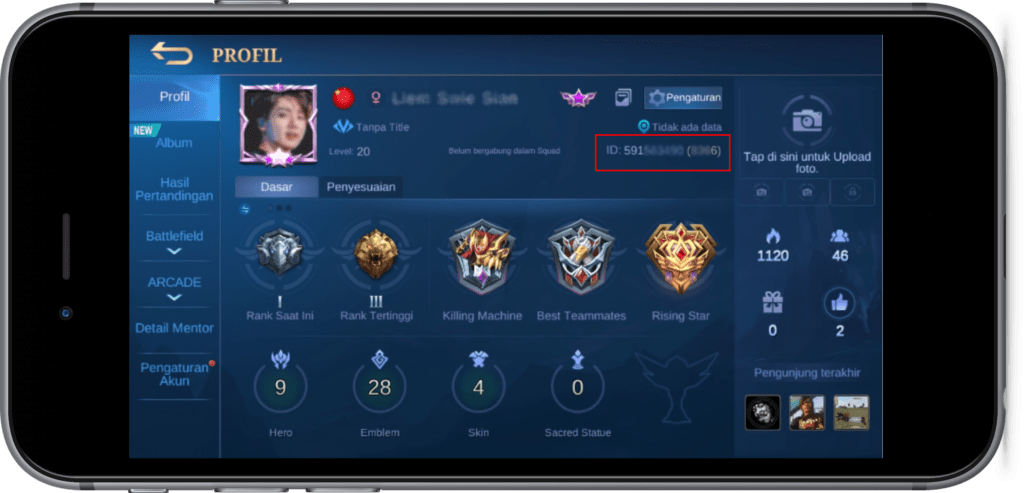 Mobile Legends player profile screen showing the account ID needed for redeeming codes