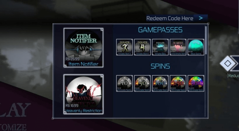 Jujutsu Infinite code redemption screen where players enter active codes for free spins