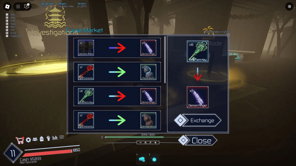 Jujutsu Infinite shop menu interface highlighting where players redeem reward codes