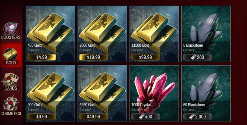 Warhammer Tacticus resource screen showing Blackstone, coins, and energy used for progression