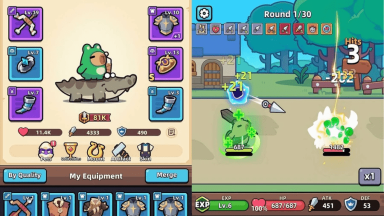 Capybara Go gameplay showing the capybara character battling enemies in an idle RPG fight