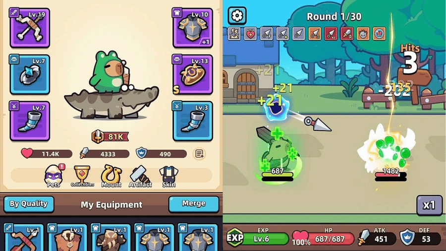 Capybara Go gameplay showing the capybara character battling enemies in an idle RPG fight