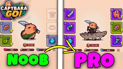Capybara Go progression screen showing upgrades, companions, and passive bonuses