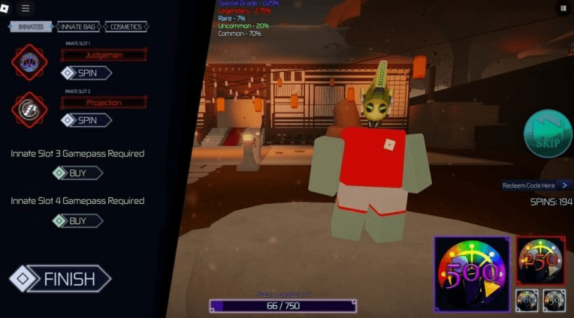 Jujutsu Infinite innate technique screen displaying different abilities available through spins