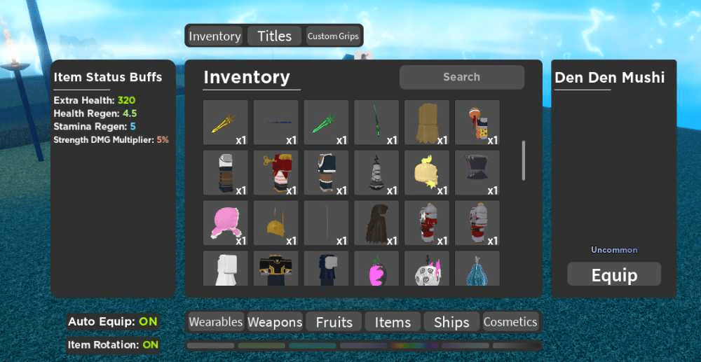 Grand Piece Online inventory showing rare items, equipment, and build-related rewards