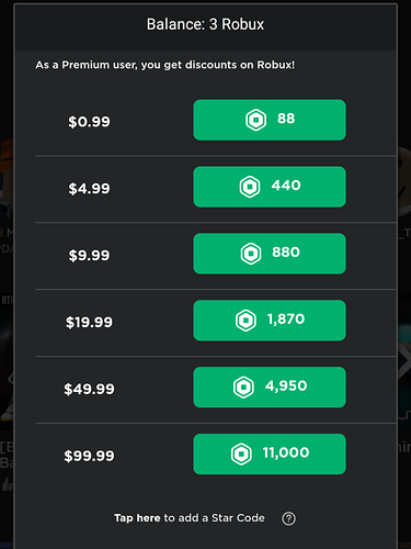 Roblox Robux purchase screen showing premium currency options for in-game upgrades