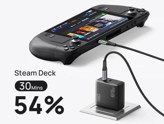 Steam Deck OLED displays battery status during portable gaming
