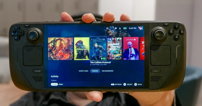 Steam Deck handheld shows SteamOS controls and bulky ergonomic grips

